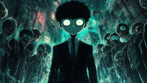 Boy in suit stands amid decayed crowd in neon alley