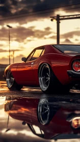 Low-slung red muscle car at wet sunset parking lot.