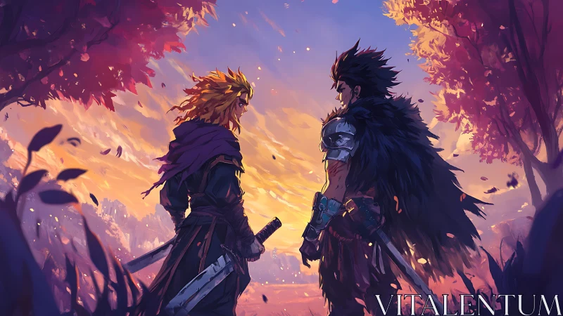 Rivals at dusk share a quiet vow beneath ember trees.