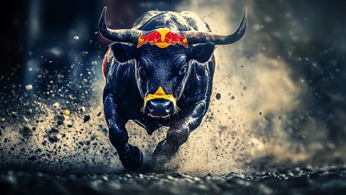 Running bull with branded head marking moves through debris