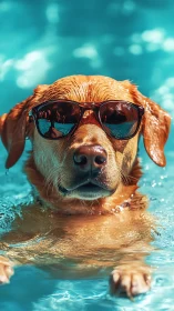 Wet Labrador wearing sunglasses in bright blue pool water.