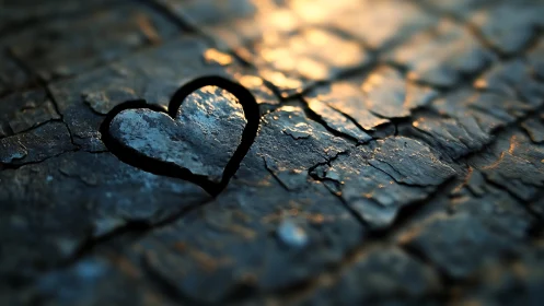 Heart-shaped carving on cracked, weathered wood surface