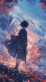 Solitary cloaked figure surveys a luminous post-urban horizon