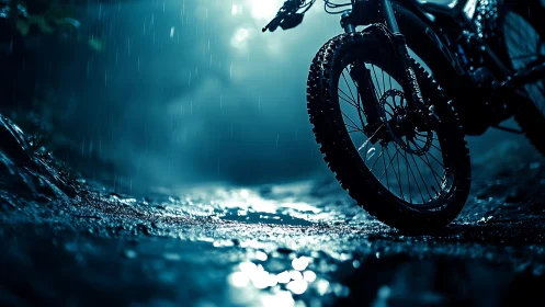 Mountain Bike Fat Tire Navigating Rain-Slicked Terrain.
