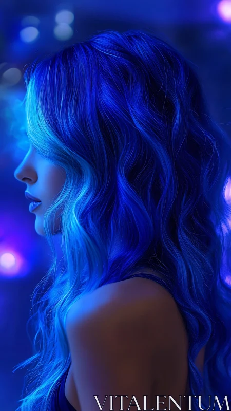 Neon blue-haired woman stands in moody cinematic profile