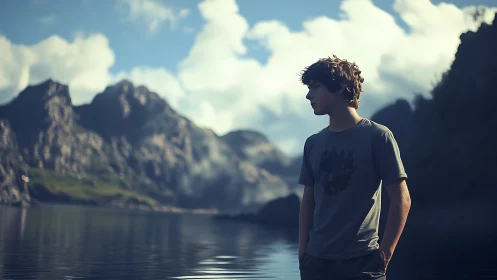 Young male subject stands by calm lake with rocky mountains