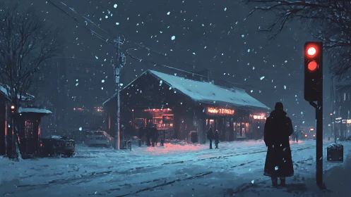 Snowy city street with lone figure at red traffic light.
