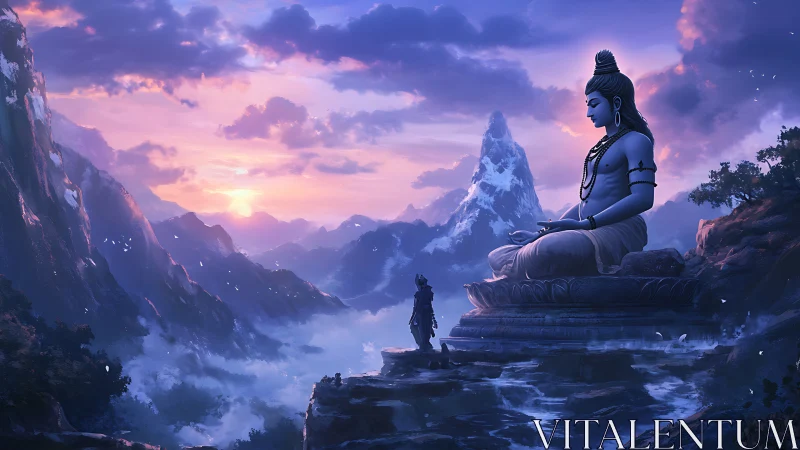 Mountain landscape with large seated figure and observer.