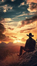 Solitary cowboy soaking in a golden, wide open sunset sky.