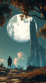 Colossal moon above lone wanderer and luminous megacity.