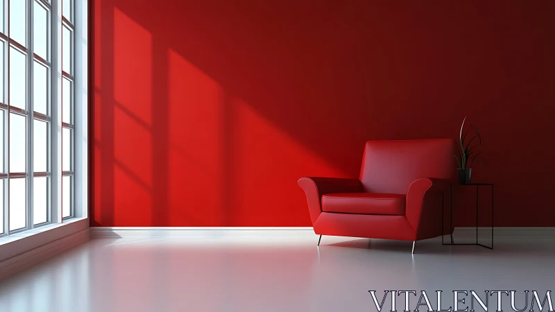 Red lounge chair occupies corner beside large window