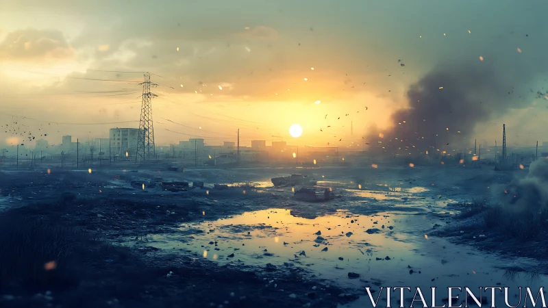 Industrial wetland at sunset with smoke and power lines.