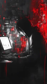 Hooded hacker leans into glowing monitor amid red glitch haze