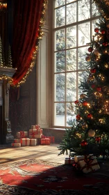 Sunlit Christmas tree glows beside snowy window view.
