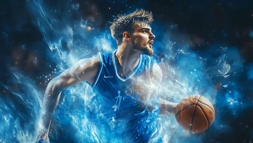 Dynamic blue-lit basketball player in explosive motion portrait.