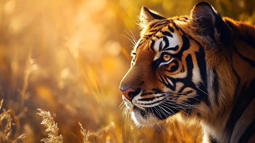 Golden hour tiger quietly watching the glowing grasslands.