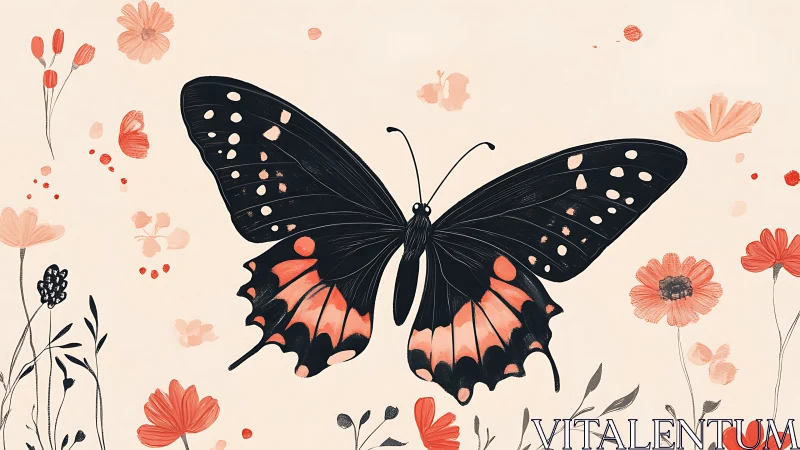 Black butterfly with coral flowers on pale background.