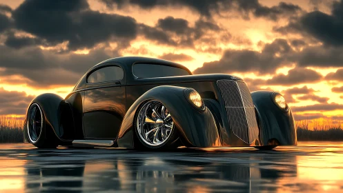 Sunset-slicked retro hot rod prowling a mirror roadscape.