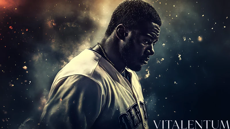 Baseball player stands in dramatic spotlight amid glowing dust