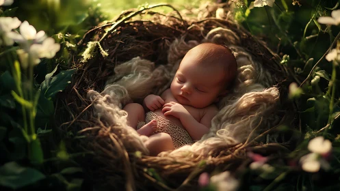 Newborn baby sleeps in nest-like bed among garden plants