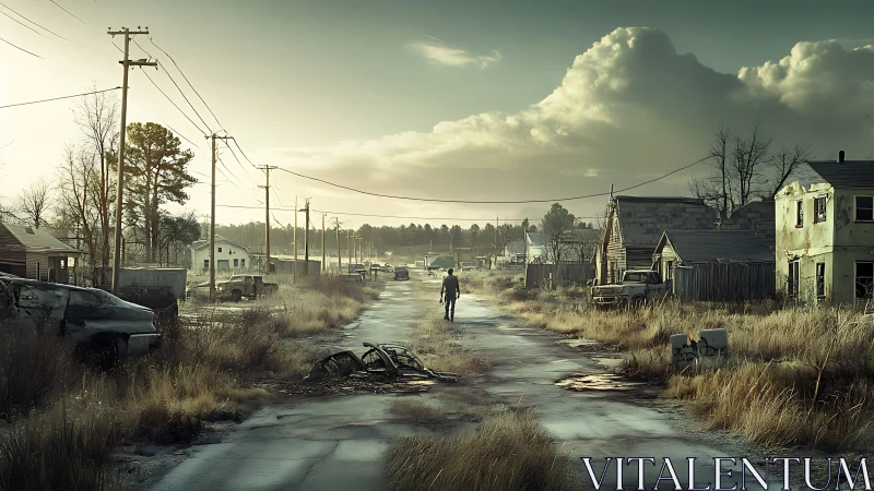 Solitary survivor walks down frozen road through ruined town