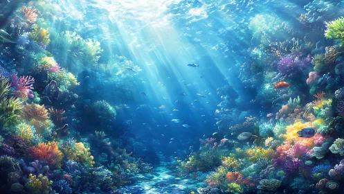 Sunlit coral reef panorama with vivid marine biodiversity.