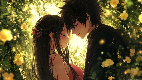 Sunlit anime lovers share a quiet embrace in golden bloom