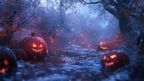 Glowing jack o lanterns line misty forest path at dusk