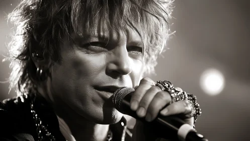 Rock vocalist grips microphone in dramatic monochrome closeup.