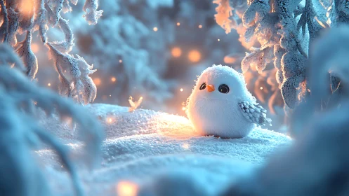 Snow-soft owl chick guarding a pocket of winter starlight.