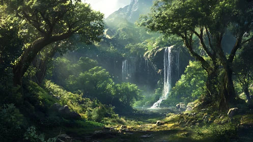 Hidden Waterfall in Verdant Forest Canyon.