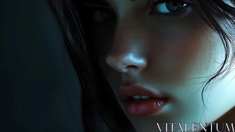 Moody photoreal closeup portrait under teal side light.