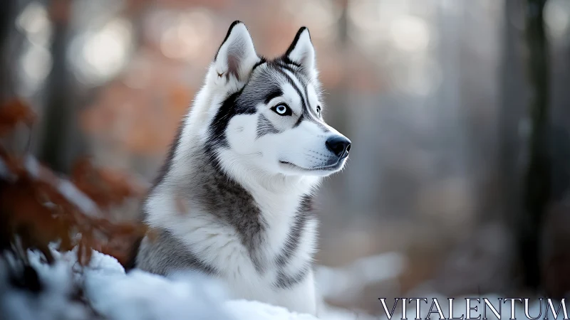 Siberian Husky portrait in shallow depth winter forest scene