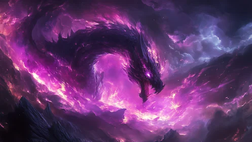 Cosmic dragon form within swirling violet energy clouds.