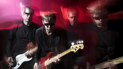 Moody rock bassist in motion under vivid red stage lights