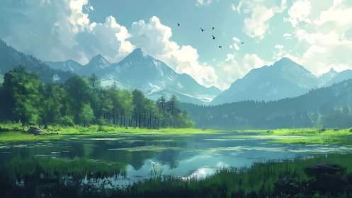 Emerald lake dreaming beneath cloud-tossed mountain giants.