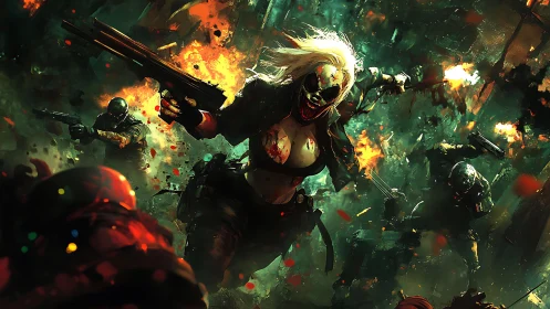 Masked war goddess charging through burning urban chaos.