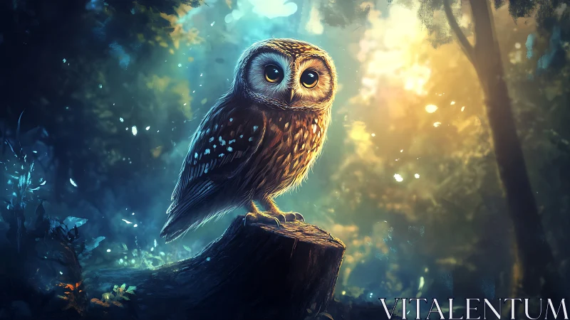 Enchanting Owl on Tree Stump in Magical Forest, Digital Art Style.