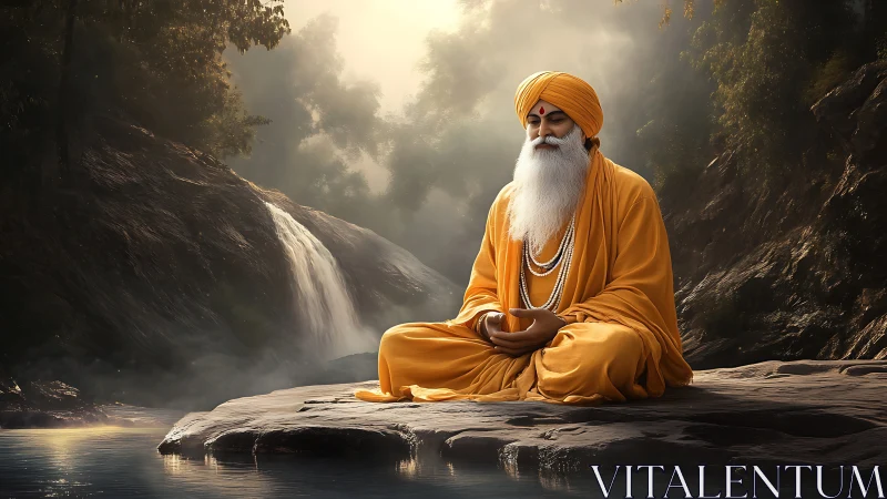 Serene monk in orange robes meditates by misty waterfall