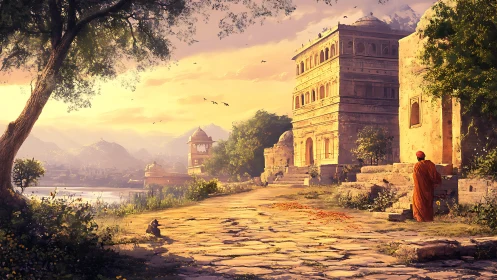 Monk beside riverside palace in golden sunset landscape.