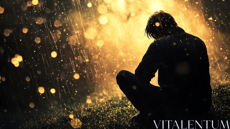 Silhouetted person seated in rain against strong backlight.
