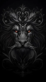 Ornate black lion portrait with glowing red eyes.