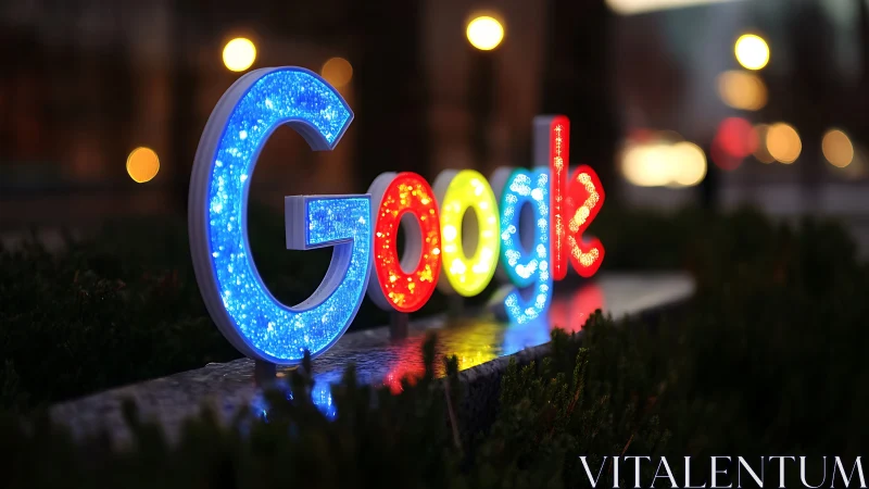Illuminated multicolor logo glowing in soft urban bokeh.