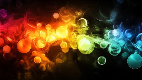 Chromatic energy orbs stream through dark abstract void