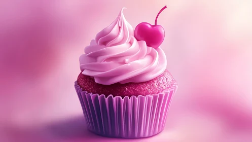 Blush Frosted Cupcake with Cherry Garnish and Gradient Backdrop.