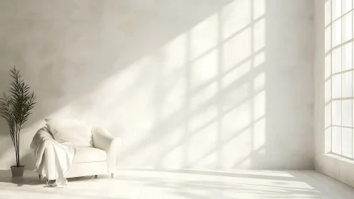Sunlit minimalist lounge with white armchair and draped throw.