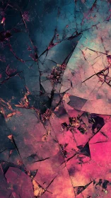 Shattered abstract glass pattern in teal and pink tones.