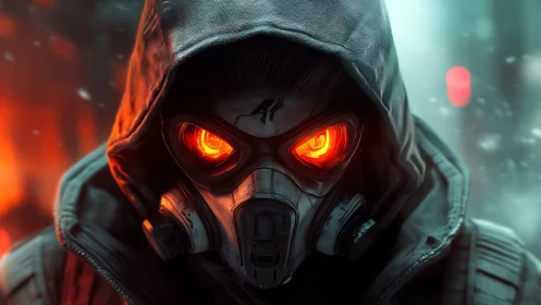 Hooded gas mask warrior stares through molten neon eyes.