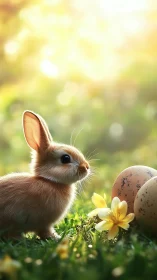 Sunlit bunny pauses beside speckled eggs and meadow blooms