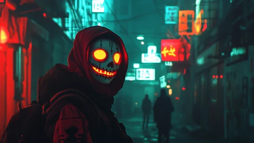 Neon-skulled figure in cyberpunk alley under red teal glow.